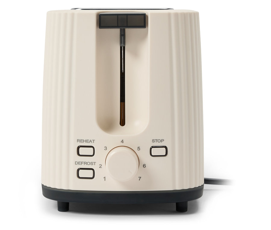 Cremefarbener Toaster mit geriffeltem Design und schwarzen Akzenten.