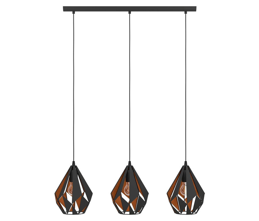 Schwarze und kupferfarbene Pendelleuchte mit drei Glühbirnen.