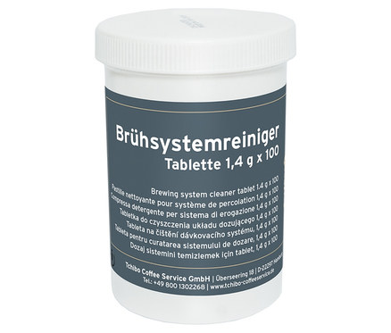 Eine Dose Brühsystemreiniger Tabletten 1,4g x100 steht auf einem Tisch.