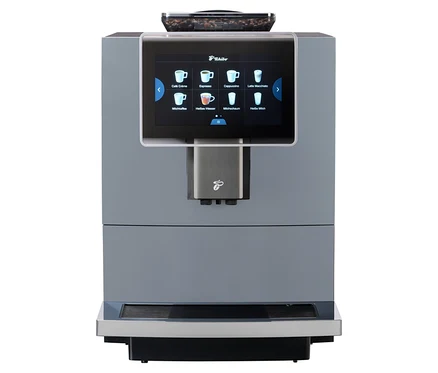 Grauer Profi-Kaffeevollautomat »Tchibo Office« inklusive Wasserfilter mit Touchscreen-Bedienfeld und verschiedenen Kaffeeauswahlmöglichkeiten.
