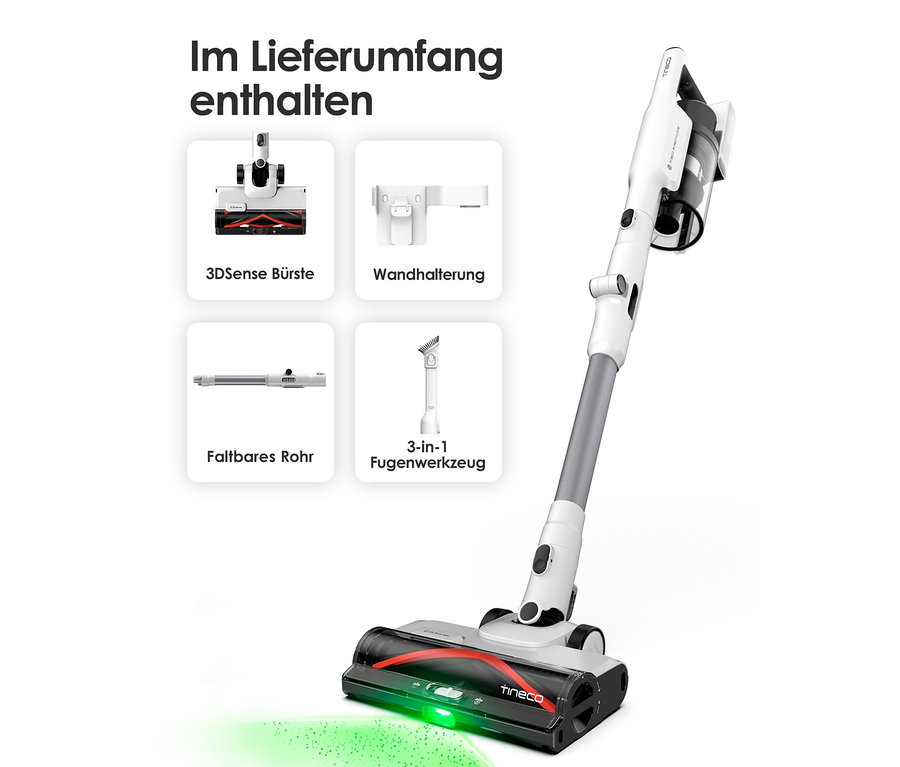 Tineco Akku-Staubsauger Pure One A50S mit verschiedenen Aufsätzen.