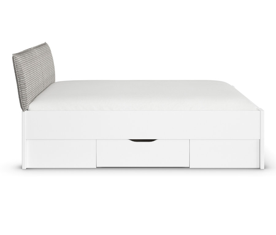 Weißes Bettgestell mit gepolstertem Kopfteil und Aufbewahrungsschubladen.