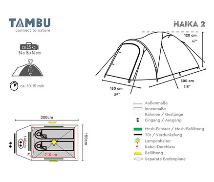Technische Zeichnung des Tambu 2-Personen-Kuppelzelt »HAIKA 2» mit Abmessungen.