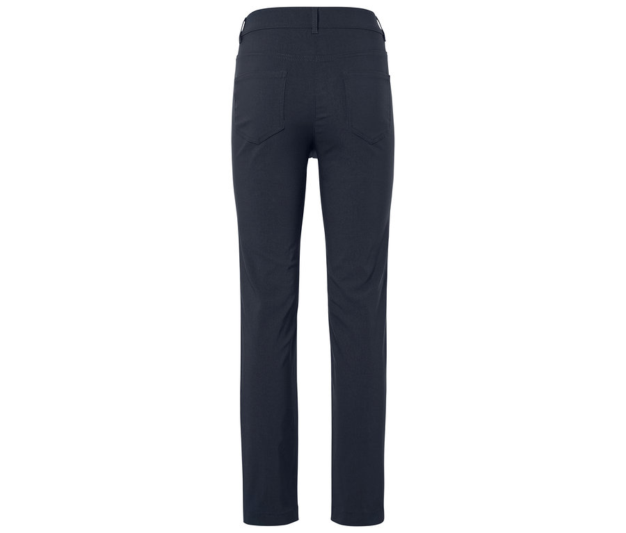 Rückansicht einer dunkelblauen Hose mit Taschen.