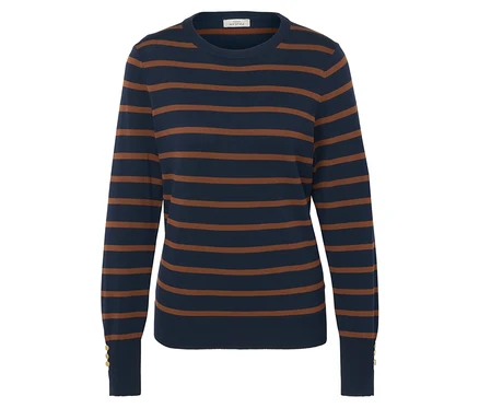 Blauer Pullover mit braunen Streifen.
