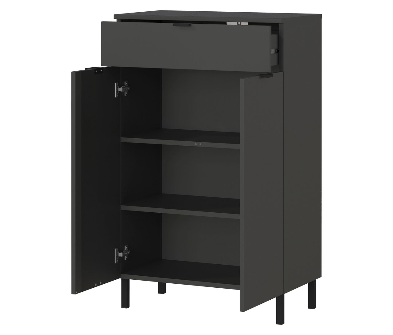 Offene graphitfarbene Kommode Arcena mit Regalen und Schublade.