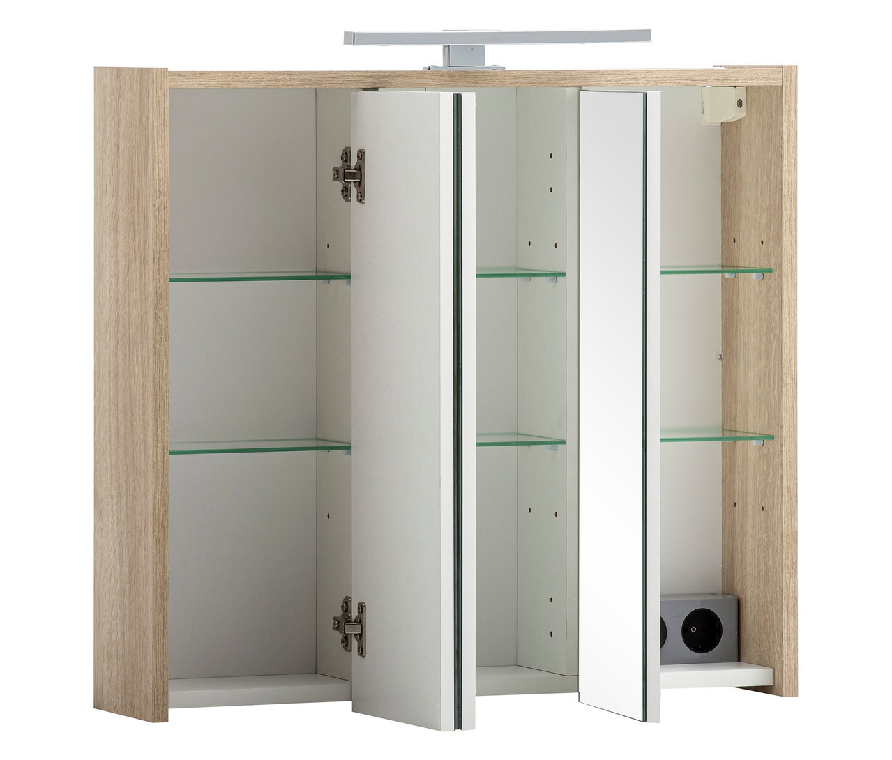 Geöffneter Spiegelschrank »Sander«, Weißeiche, mit Beleuchtung und Glasböden.