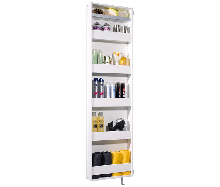 Ein weißer Drehsack mit Ganzkörperspiegel, gefüllt mit Kosmetika und Toilettenartikeln.