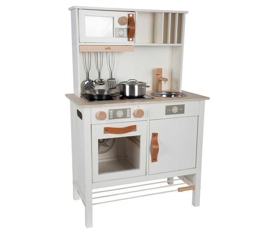 Eine Spielküche mit Backofen, Herd, Spüle und Mikrowelle. Die Küche ist aus weißem Holz gefertigt. Die small foot Kinderküche kompakt »tasty« ist blau.