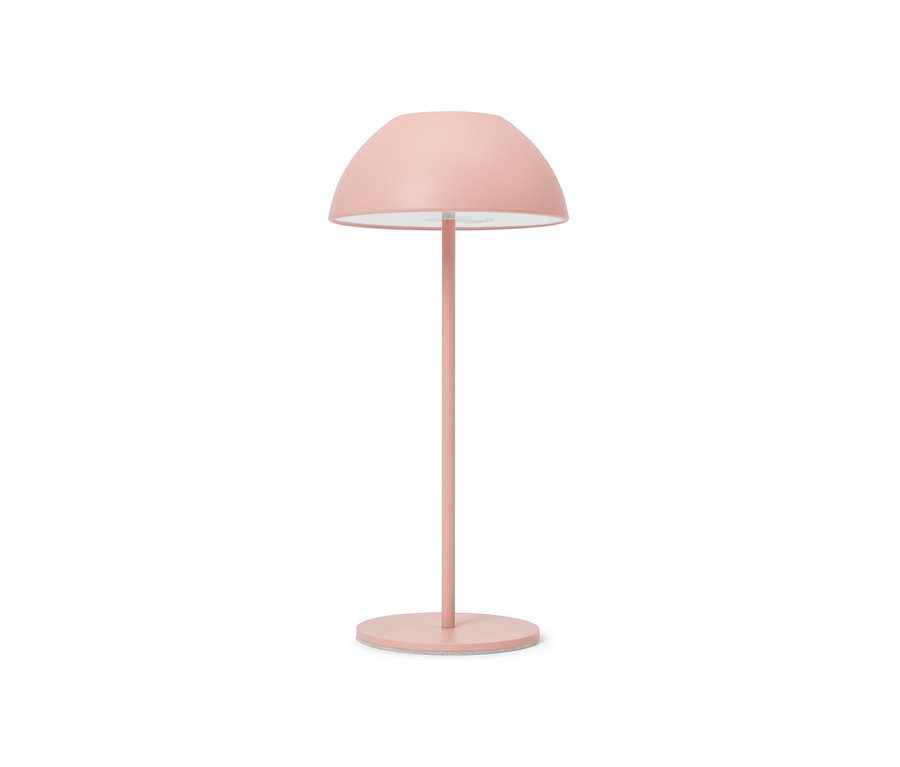 Eine rosa LED-Akku-Tischleuchte vor weißem Hintergrund.