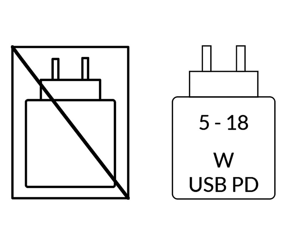 Schwarz-weiße Darstellung eines Ladegeräts mit der Aufschrift 5-18 W USB PD.