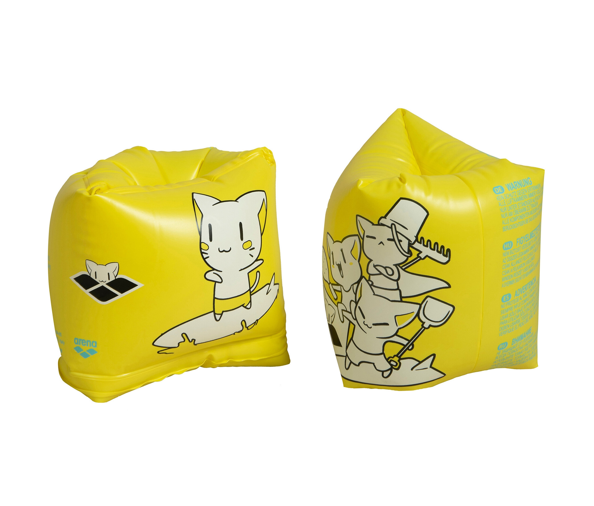 Zwei gelbe Arena Schwimmflügel Friends Roll-Up Schwimmflügel mit Cartoon-Katzenbildern.