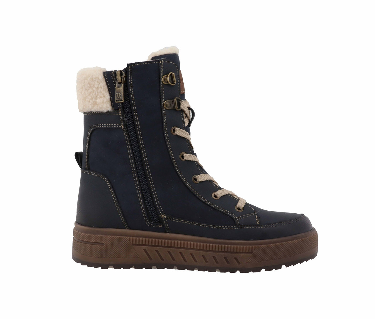 Marineblauer Schnürstiefel mit brauner Sohle und Zierreißverschluss.