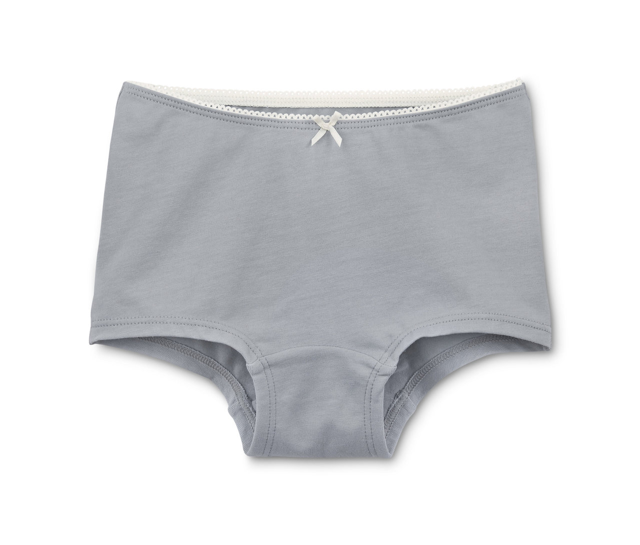 Ein grauer Mädchen-Panty, 1 Stk. aus dem 7er-Pack, mit weißer Spitze und Schleife am Bund.