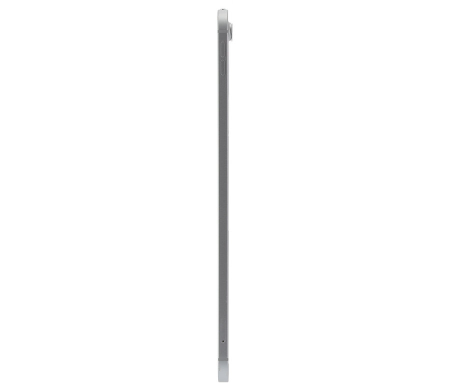 Seitenansicht eines silbernen Tablets. Zu sehen ist ein Apple iPad 2025 5G 128GB in Silber.