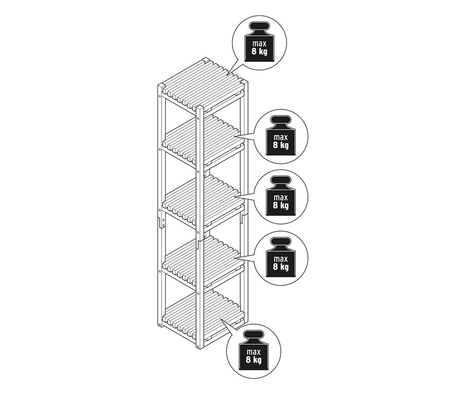 Illustration eines schmalen Standregals mit vier Böden und einer maximalen Traglast von 8 kg pro Boden.