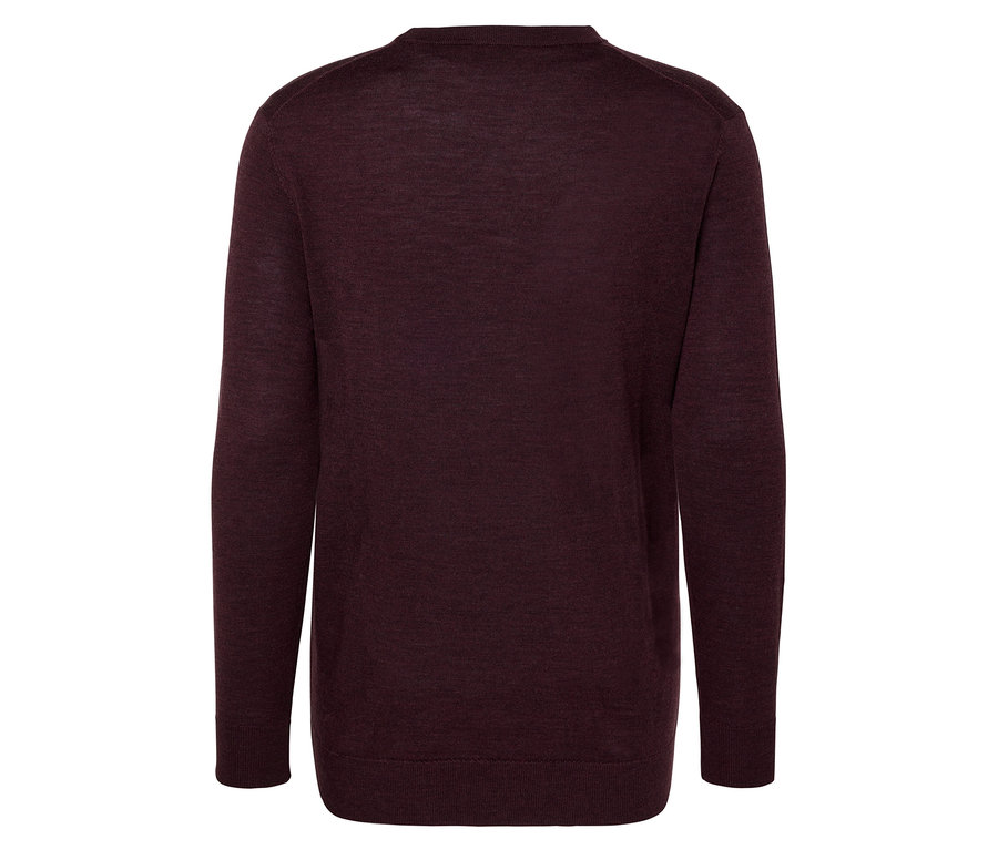 Nahaufnahme eines Merino-Pullovers, dunkelrot meliert.