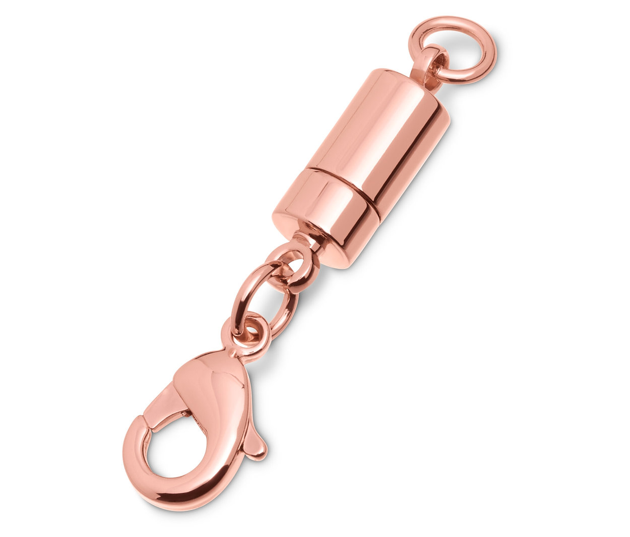 Detailaufnahme eines roségoldenen Magnetverschlusses mit Karabinerhaken.