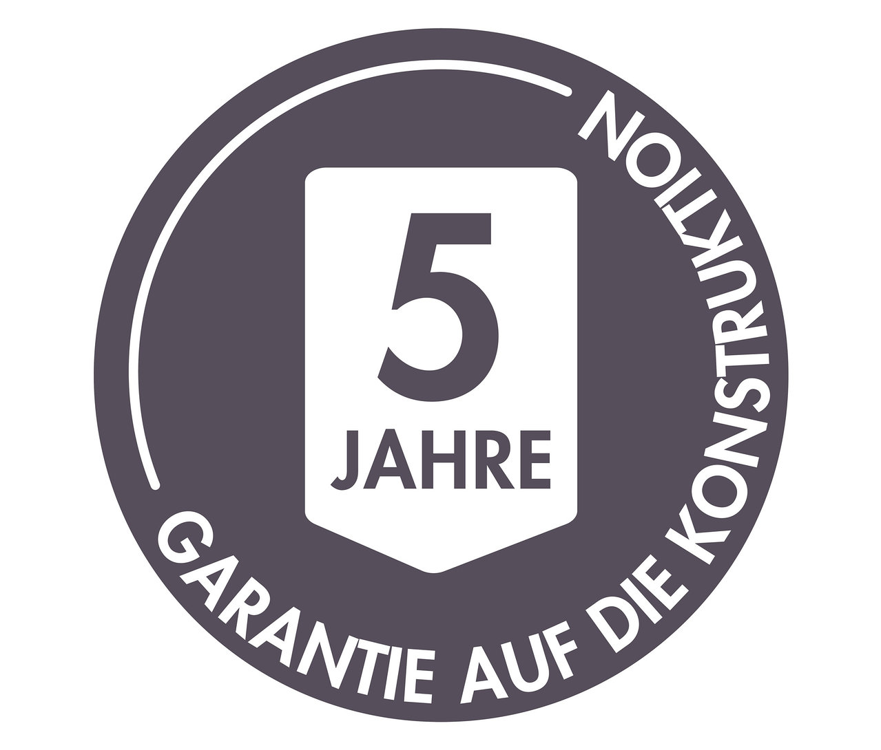 Grauer Kreis mit weißem Schild in der Mitte, der die Zahl 5 und den Schriftzug JAHRE enthält. Um den Kreis herum steht GARANTIE AUF DIE KONSTRUKTION.