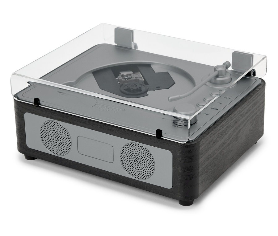 Ein CD/Bluetooth®-Lautsprecher mit transparentem Deckel steht auf einer weißen Oberfläche.