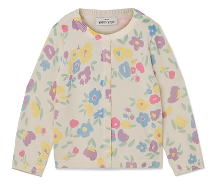 Ein cremefarbener Kinder-Cardigan mit Blumenmuster in Gelb, Blau, Rosa und Lila.