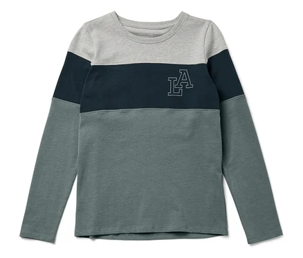 Dreifarbiges Langarmshirt mit grauem Oberteil, dunkelblauem Mittelteil und Graugrünem Unterteil sowie LA-Logo.