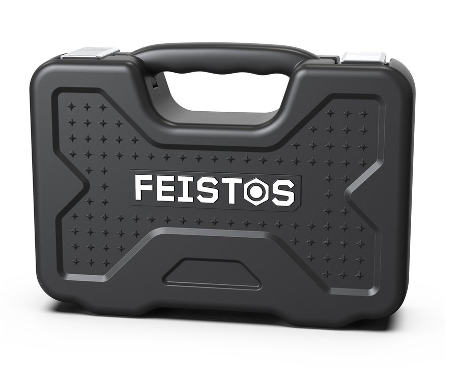 Ein schwarzer FEISTOS Werkzeugkoffer »Manos 82« auf einem weißen Hintergrund.