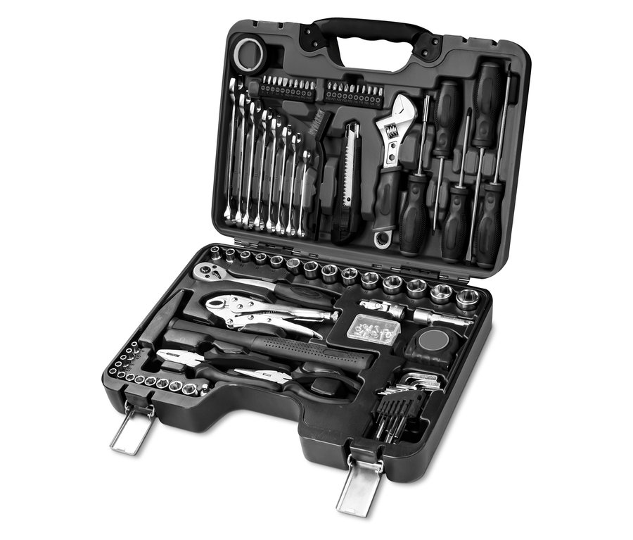 Geöffneter schwarzer Werkzeugkoffer FEISTOS »Manos 82« mit Werkzeugen.