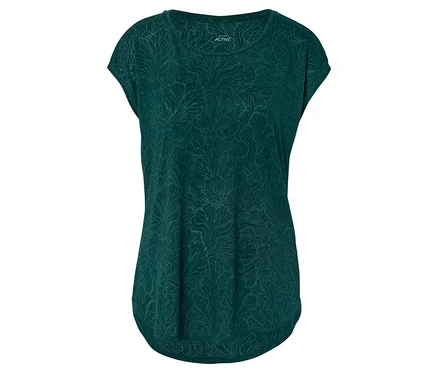 Grünes T-Shirt mit Muster auf weißem Hintergrund.