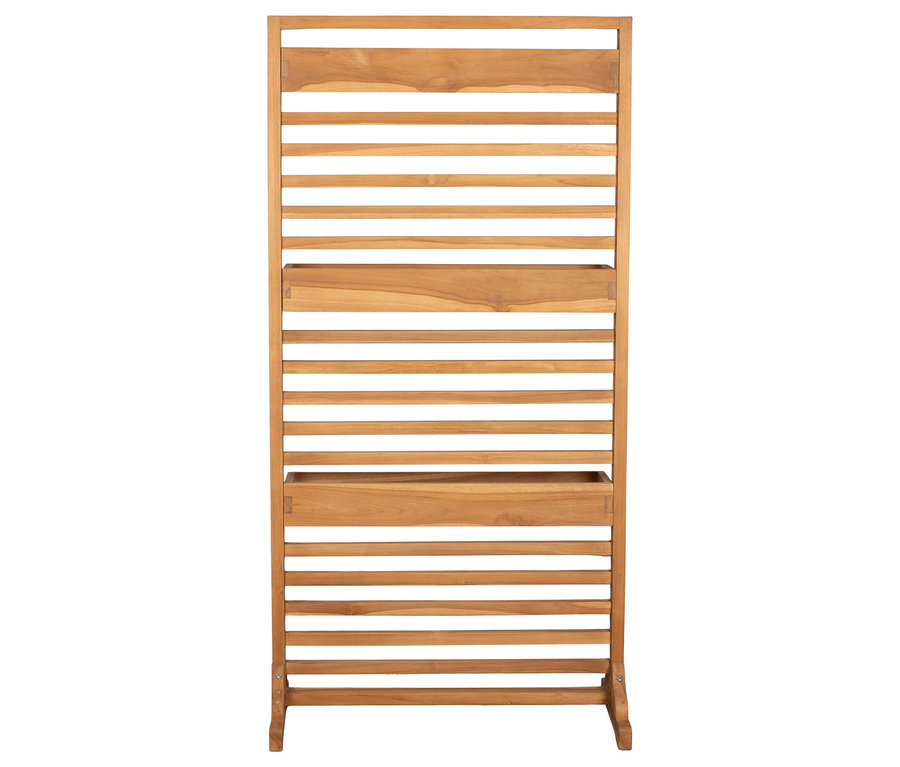 deVries Sichtschutz aus hellem Holz mit horizontalen Lamellen und integrierten Pflanzkästen.
