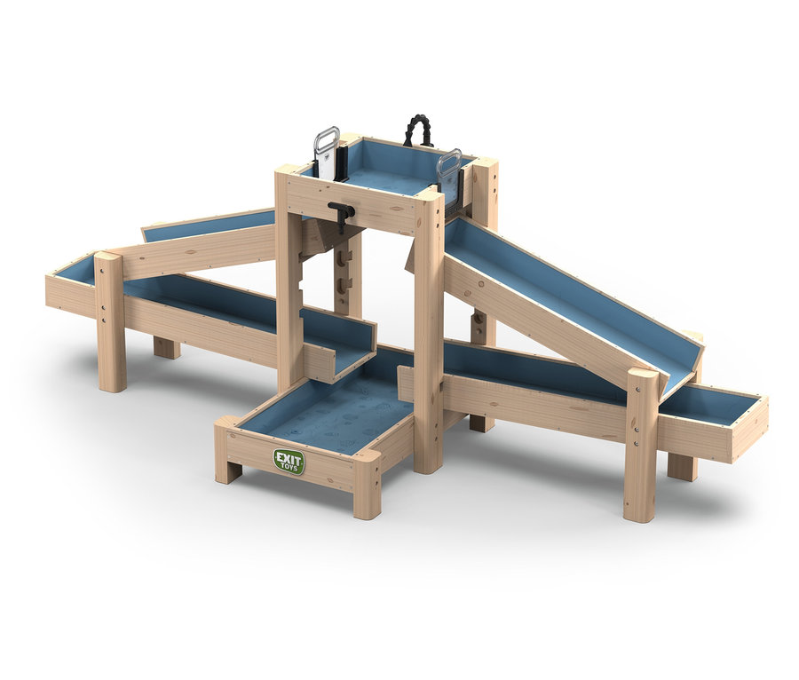 Holzkonstruktion mit blauen Wasserkanälen und Becken, verbunden durch Rampen und Leitungen.