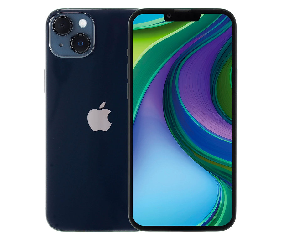 Ein Apple iPhone 14 128GB mitternacht wird von der Rückseite und dem Bildschirm gezeigt.