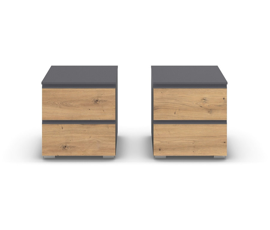 Zwei graue, metallicfarbene rauch »Joel« Nachttische aus Eiche Artisan stehen nebeneinander.