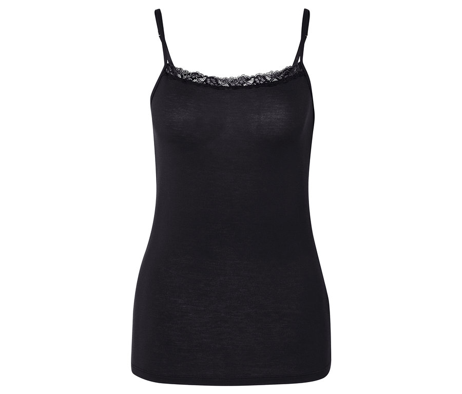 Schwarzes Tanktop mit Spaghettiträgern und Spitzenbesatz am Ausschnitt.
