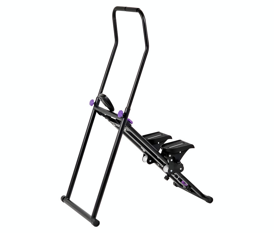 Schwarzer Stepper mit lila Akzenten und Griffstange.