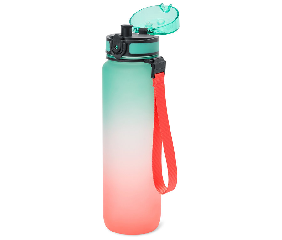 Eine offene, zweifarbige Wasserflasche mit einem roten Trageband.