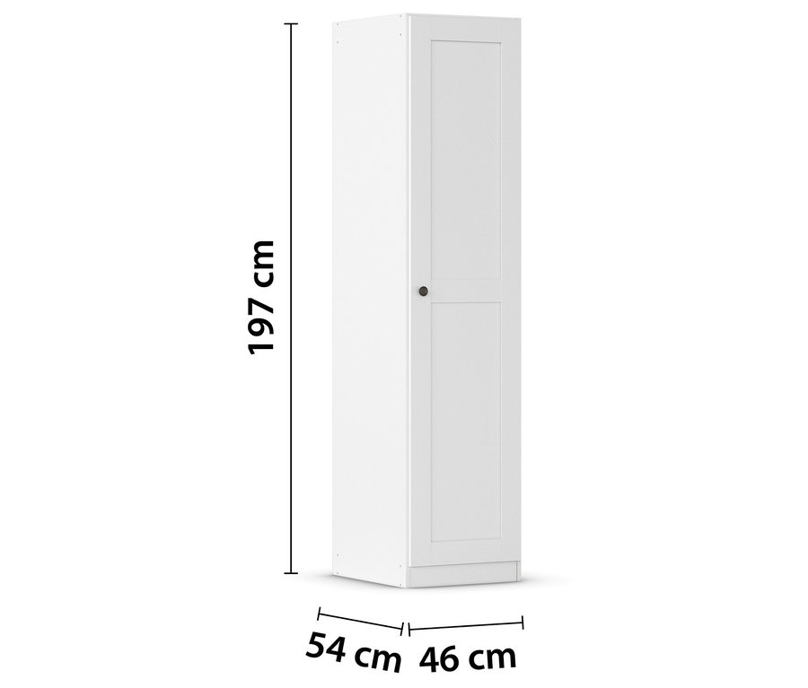 Weißer, schmaler Schrank mit einer Tür, Maße 197 x 54 x 46 cm.