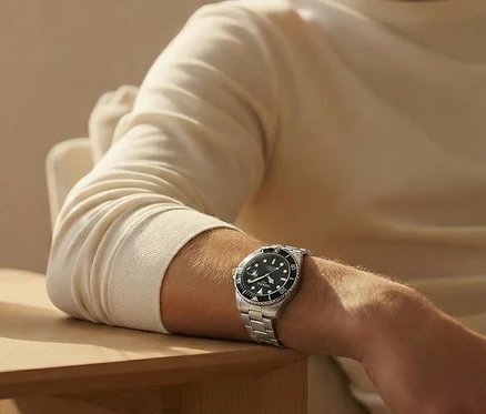Nahaufnahme des Arms einer Person mit einer silbernen Armbanduhr mit schwarzem Zifferblatt auf einem Holztisch.