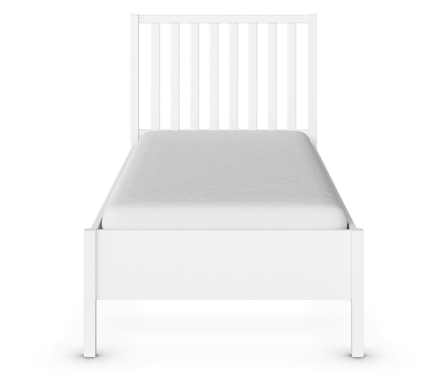Weißes Einzelbett mit Lattenrost und weißer Matratze, Frontansicht.
