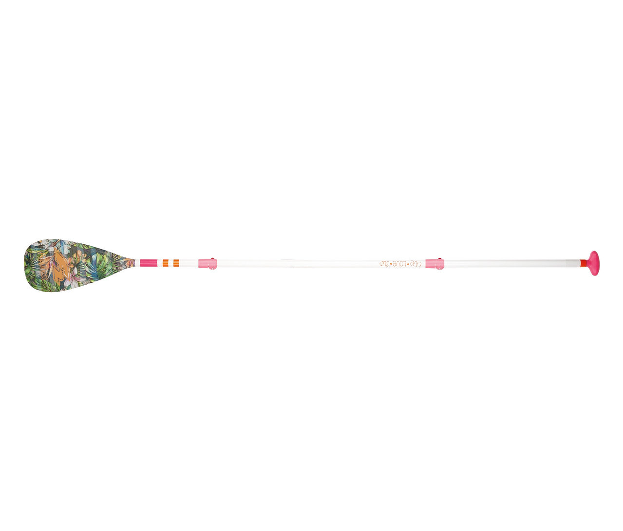Das F2 SUP Paddle »Happiness« ist weiß mit pinkfarbenen Akzenten und einem Paddelblatt mit Blättermuster.