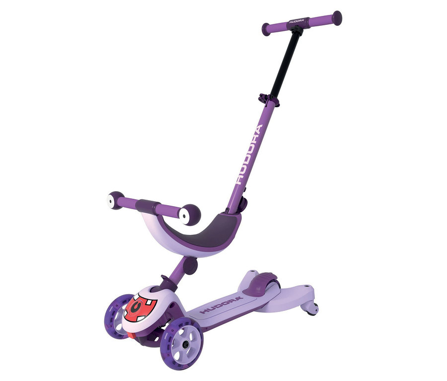 Nahaufnahme des lila Hudora 4-in-1-Scooters, Lavendel mit Sitz und Lenkstange vor weißem Hintergrund.