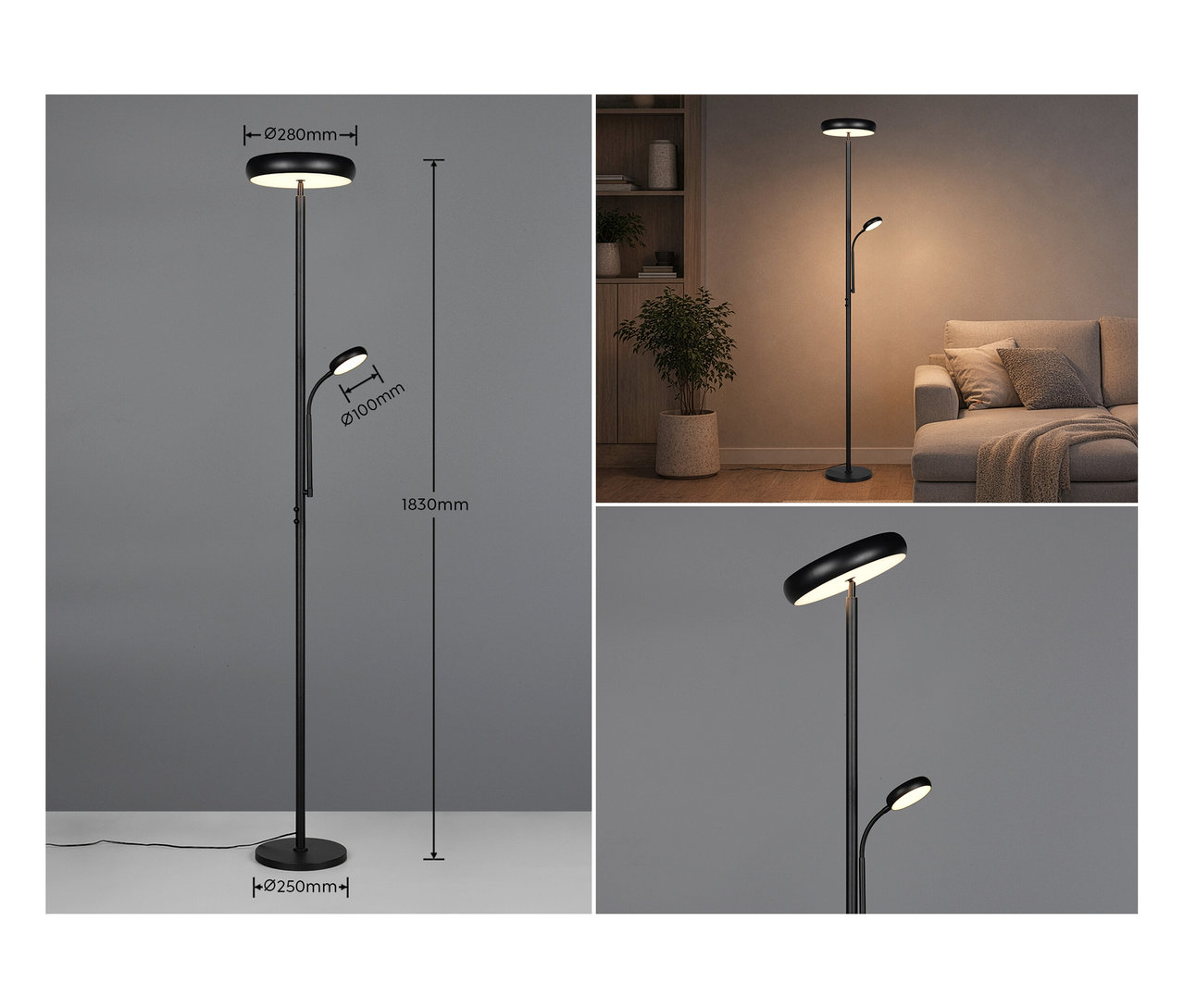 Eine schwarze Trio Stehleuchte »Palermo« mit zwei Lichtern. Die linke Tafel zeigt ihre Abmessungen. Die obere rechte Tafel zeigt die beleuchtete Lampe in einem Wohnzimmer mit Sofa und Pflanze. Die untere rechte Tafel ist eine Nahaufnahme ihrer beleuchteten Oberseite und des verstellbaren Seitenlichts.