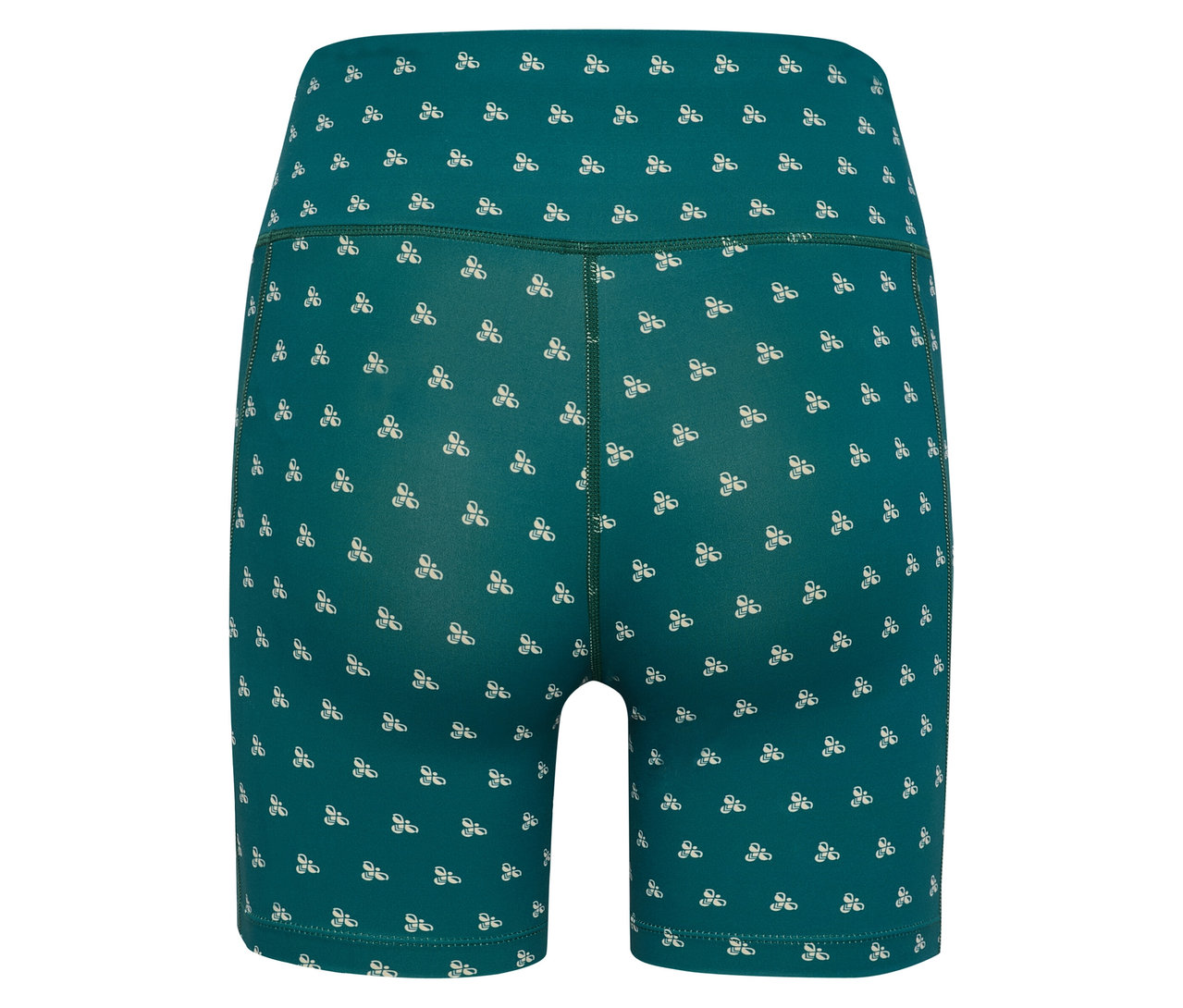 Nahaufnahme der Rückseite einer HUMMEL Damen-Short-Tights mit weißem Muster auf grünem Stoff.