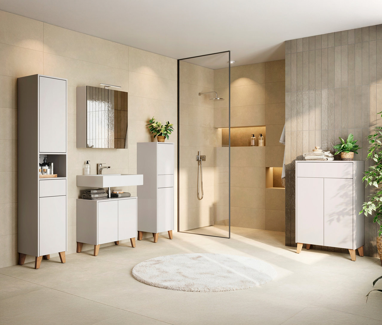 Badezimmer mit weißen Badezimmermöbeln, Waschbecken, Spiegel, Dusche und rundem Teppich.