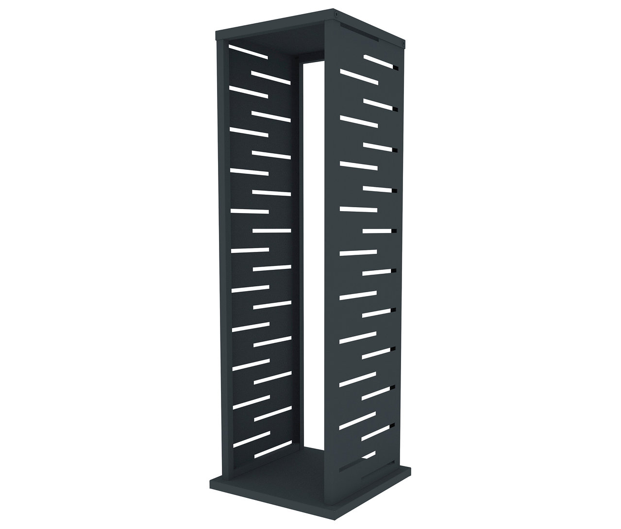 Dunkelgraues, quaderförmiges Regal mit schlitzartigen Öffnungen auf allen Seiten.