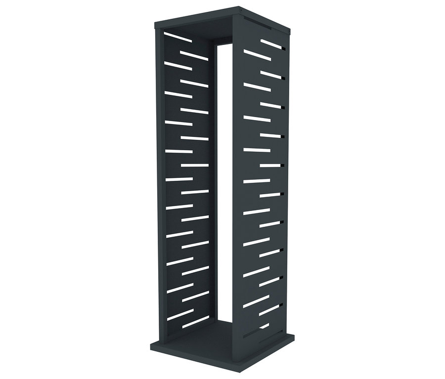 Dunkelgraues, quaderförmiges Regal mit schlitzartigen Öffnungen auf allen Seiten.
