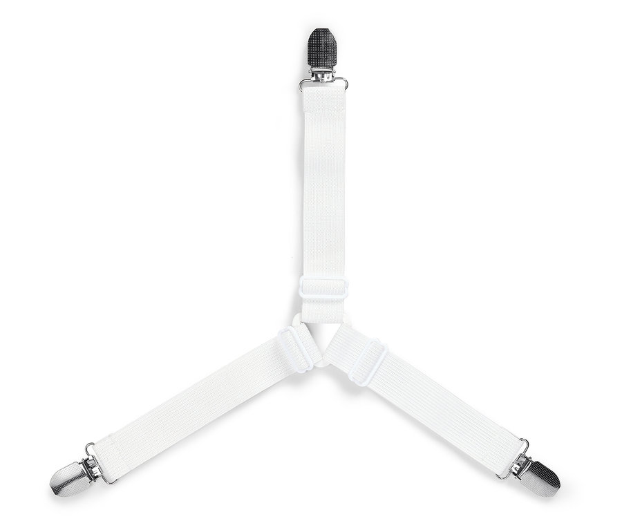 Weißer Strumpfhalter mit drei Clips auf weißem Hintergrund.