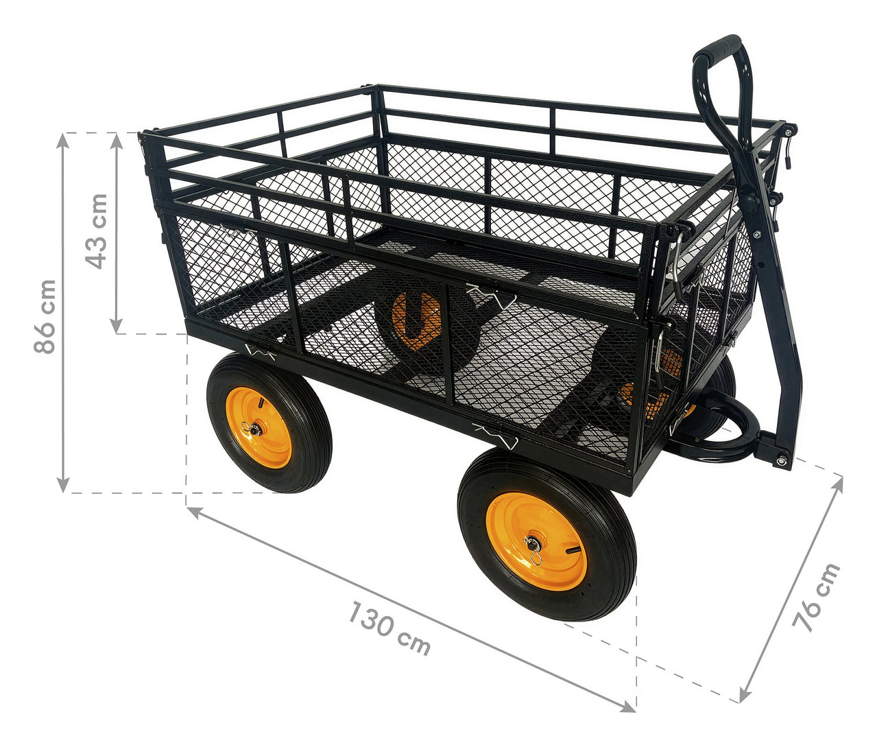 Schwarzer Bollerwagen mit gelben Rädern und den Maßen 86 cm Höhe, 130 cm Länge und 76 cm Breite.