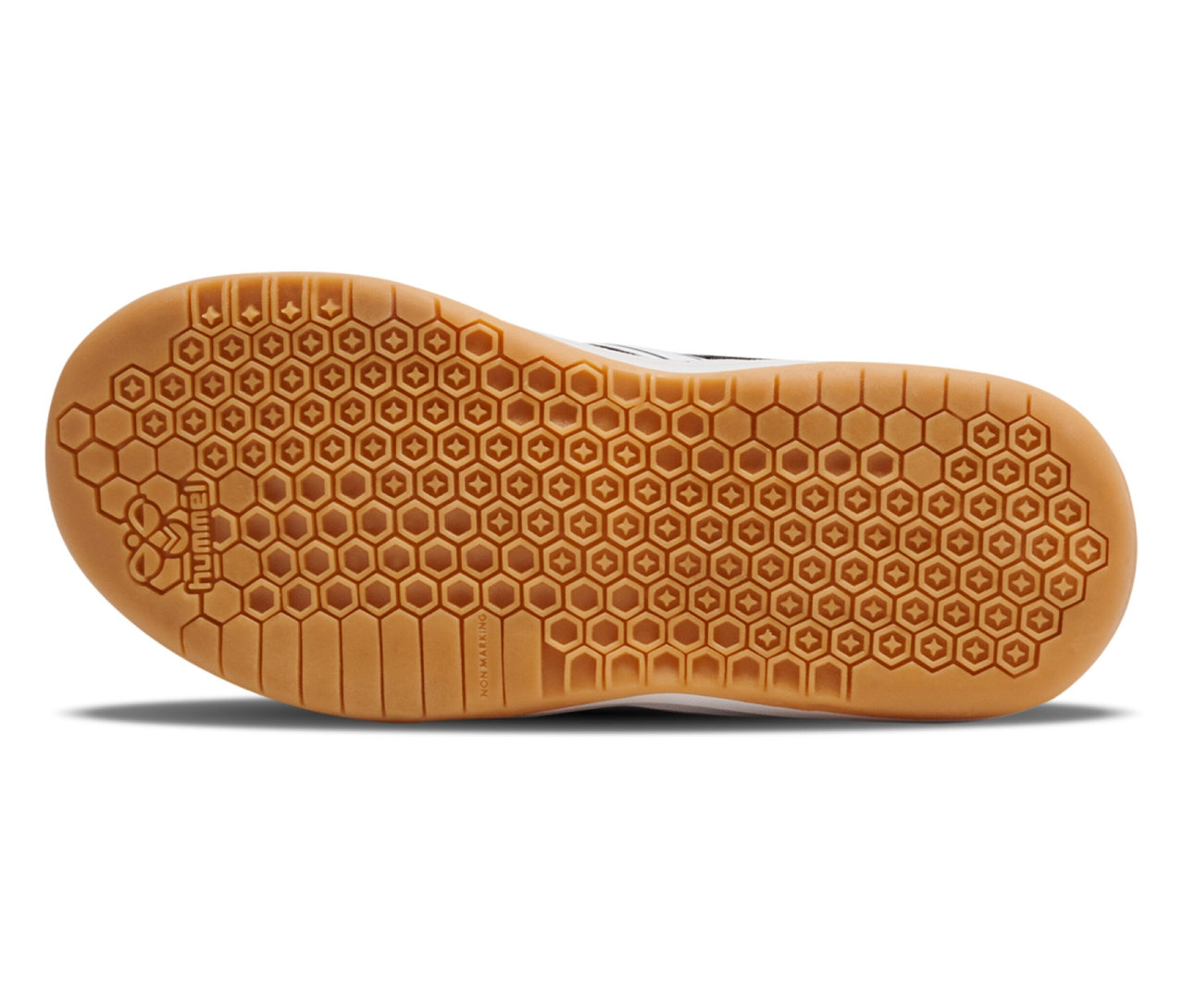 Nahaufnahme der Sohle eines schwarzen hummel® Multiplay Flex VC JR Schuhs mit sechseckigem Profil.