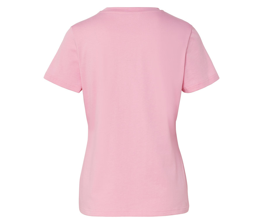 Rückansicht eines einfarbigen, kurzärmeligen, hellrosa T-Shirts.
